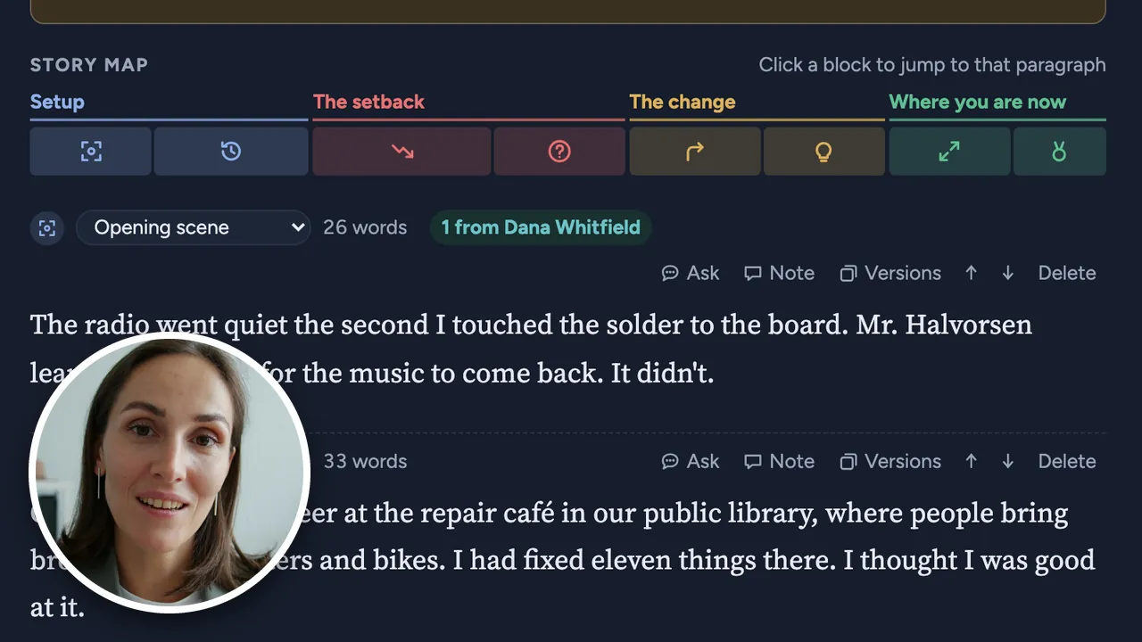 Placeholder still for a video comment: an advisor's face in a small circle over the student's opening paragraph.