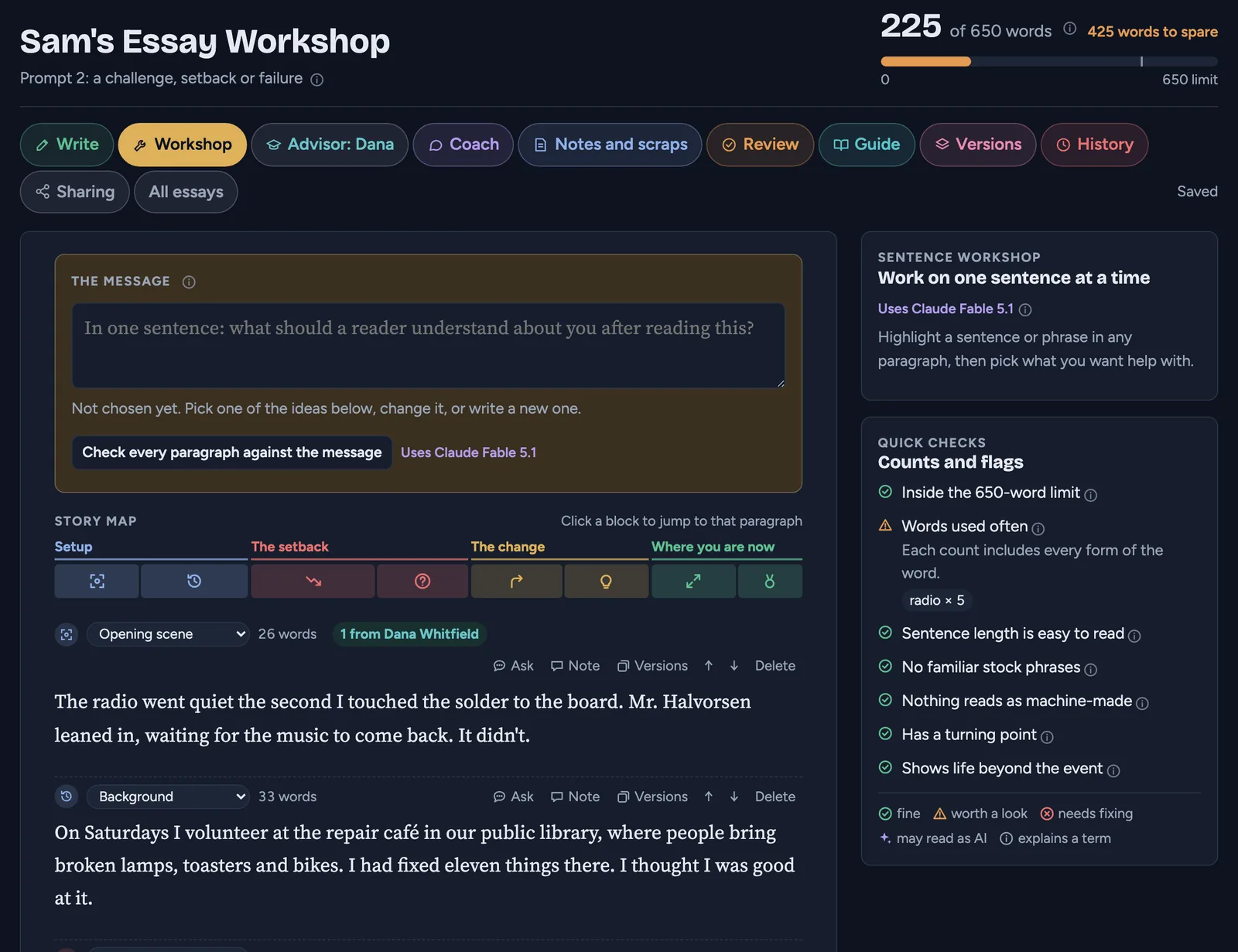 Example screenshot of the AdmitUs Workshop tab: a made-up essay about repairing a radio, its story map, paragraph labels, guidance from a made-up advisor, and the checks on the right.