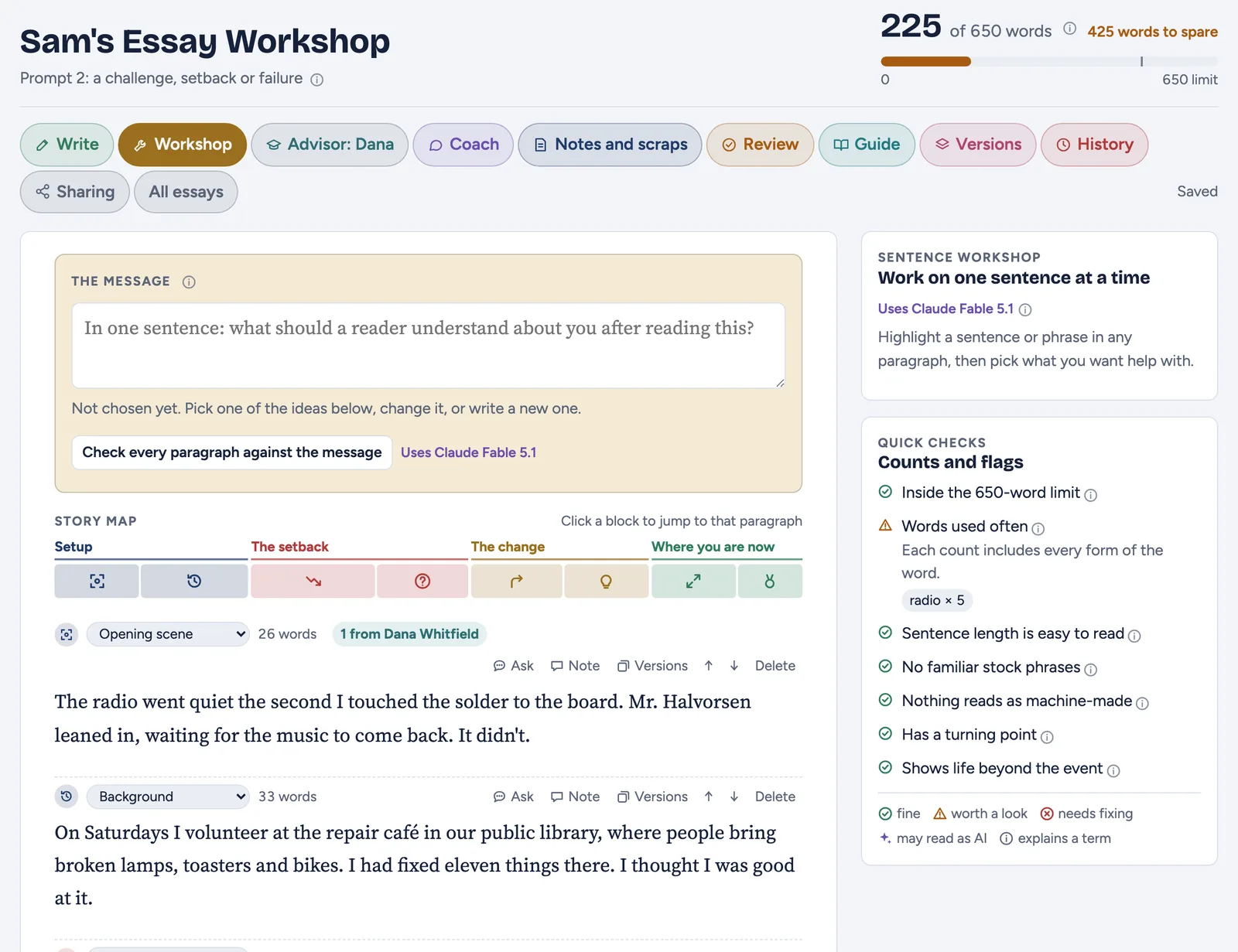 Example screenshot of the AdmitUs Workshop tab: a made-up essay about repairing a radio, its story map, paragraph labels, guidance from a made-up advisor, and the checks on the right.